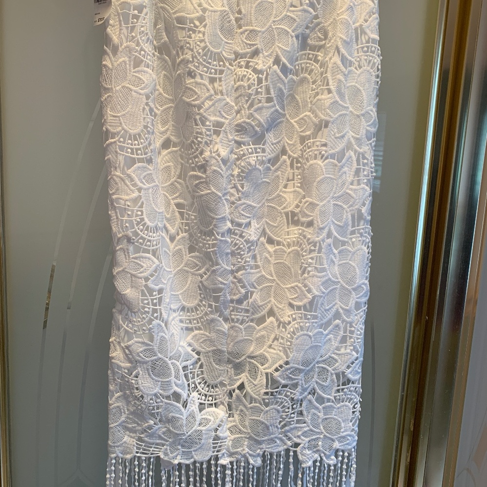 SKIRT BAR III WHITE LACE/FRINGE MIDI FLORAL LINED/SHEER SIZE SMALL